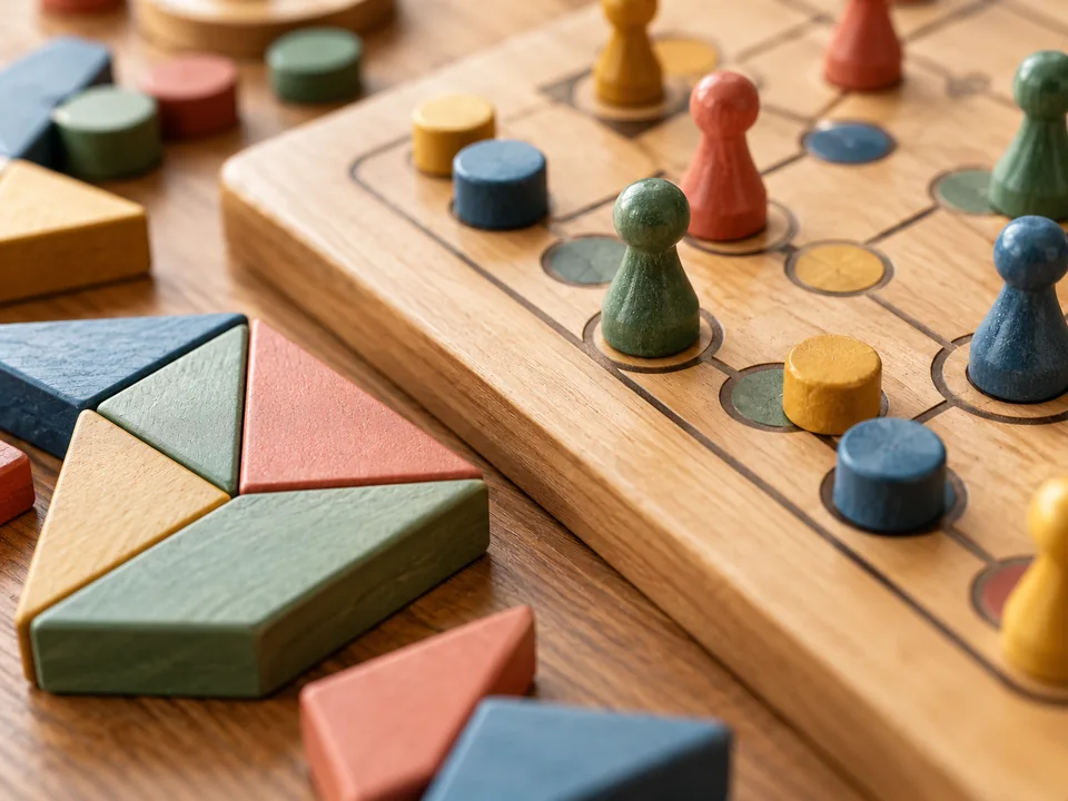 Close-up of coloured wooden game pieces and geometric puzzle shapes.
